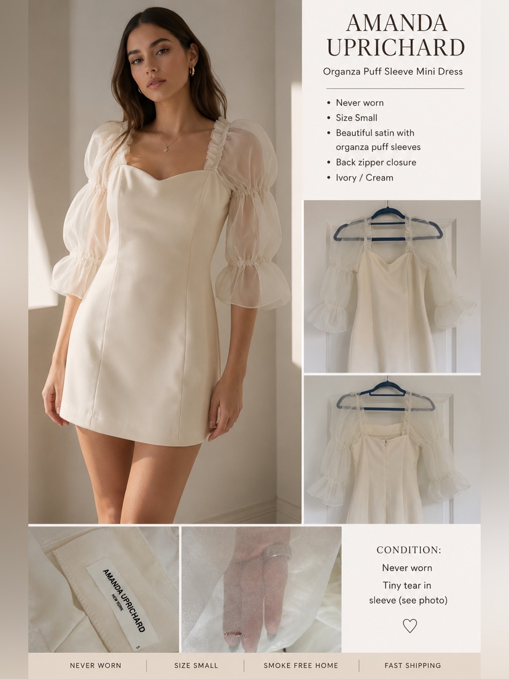 Amanda Uprichard Cream Organza Puff Sleeve Mini Dress